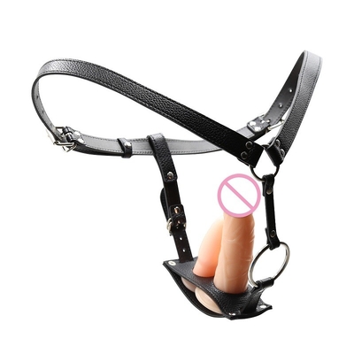 3 Größen-Schwarz-trägerloser Bügel auf Dildo-Geschirr für Frauen-Mann-Leder